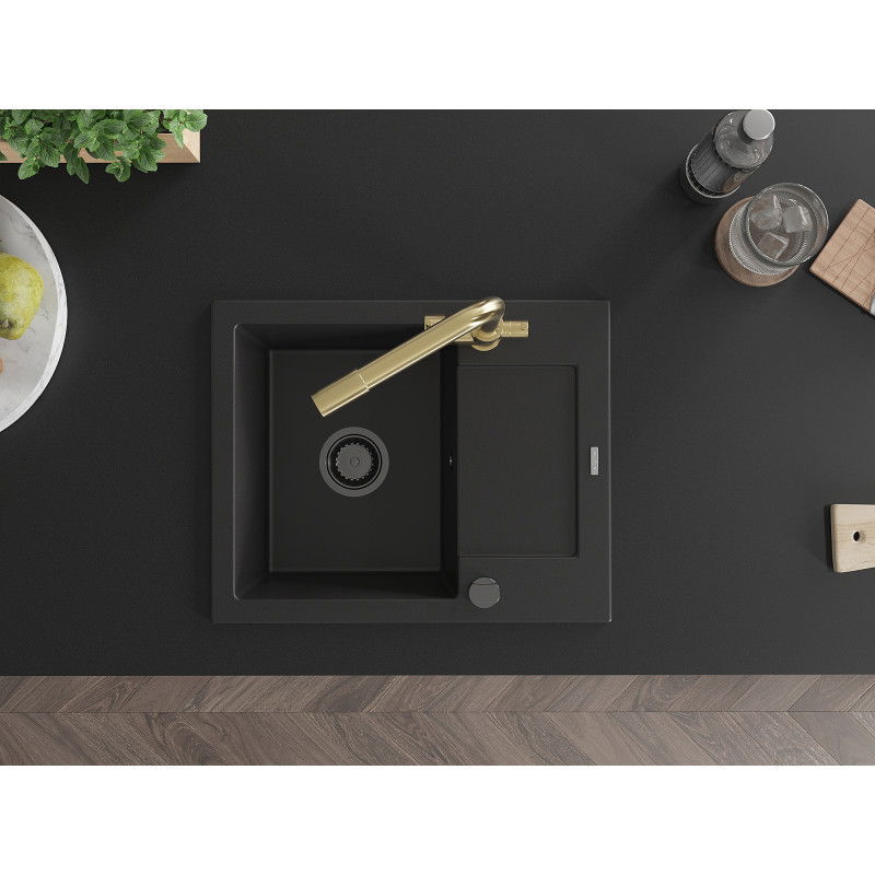 Mexen Enzo gránit mosogató, 1-medencés csepegtetővel és Duero konyhai csappal, fekete - 6506-77-671600-50-B