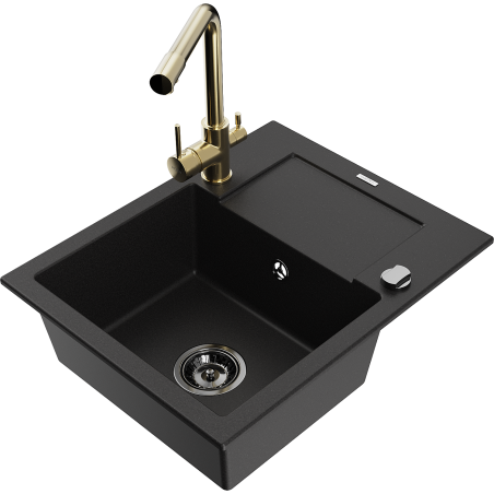 Mexen Enzo gránit mosogató, 1-medencés csepegtetővel és Duero konyhai csappal, fekete - 6506-77-671600-50-B