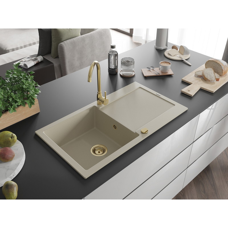 Mexen Leo chiuvetă de granit cu 1 compartiment cu scurgător și baterie de bucătărie Telma, bej - 6501-69-670200-50