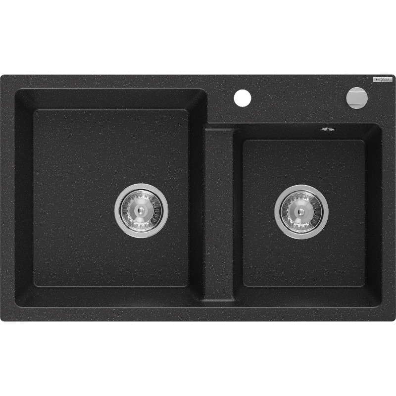 Mexen Tomas chiuvetă de granit cu 2 compartimente 800 x 500 mm, negru/argintiu metalizat, sifon cromat - 6516802000-73