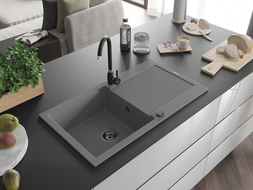 Mexen Leo chiuvetă de granit 1-cameră cu scurgător și baterie de bucătărie Telma, gri - 6501-71-670200-70-B