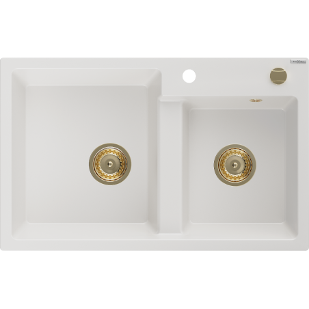 Mexen Tomas 2-medencés gránit mosogató 800 x 500 mm, Fehér, szifon Arany - 6516802000-20-G
