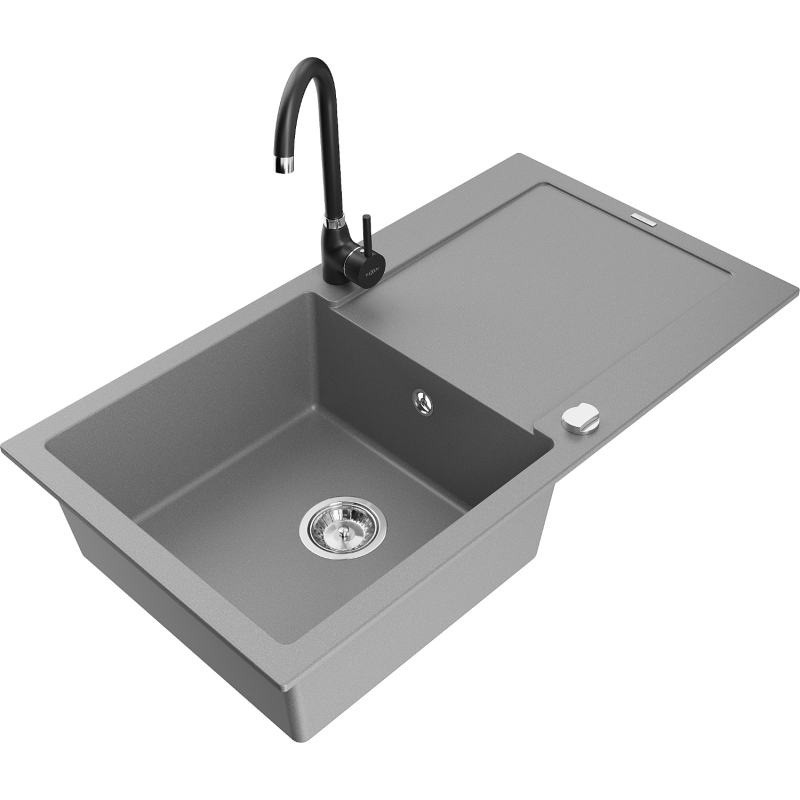 Mexen Leo chiuvetă din granit cu 1 compartiment cu scurgător și baterie de bucătărie Telma, gri - 6501-71-670200-70