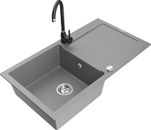 Mexen Leo chiuvetă din granit cu 1 compartiment cu scurgător și baterie de bucătărie Telma, gri - 6501-71-670200-70