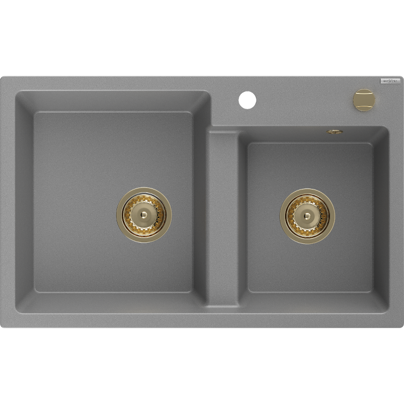 Mexen Tomas chiuvetă din granit cu 2 compartimente 800 x 500 mm, gri, sifon auriu - 6516802000-71-G