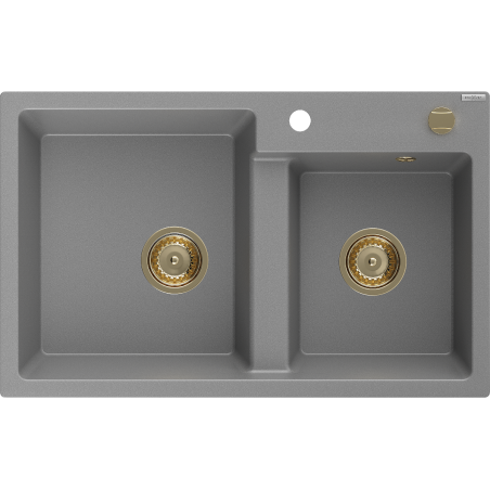 Mexen Tomas 2-medencés gránit mosogató 800 x 500 mm, Szürke, szifon Arany - 6516802000-71-G