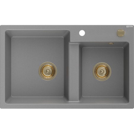 Mexen Tomas Chiuvetă de granit cu 2 compartimente 800 x 500 mm, gri, sifon Auriu - 6516802000-71-G