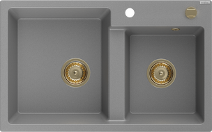 Mexen Tomas chiuvetă din granit cu 2 compartimente 800 x 500 mm, gri, sifon auriu - 6516802000-71-G