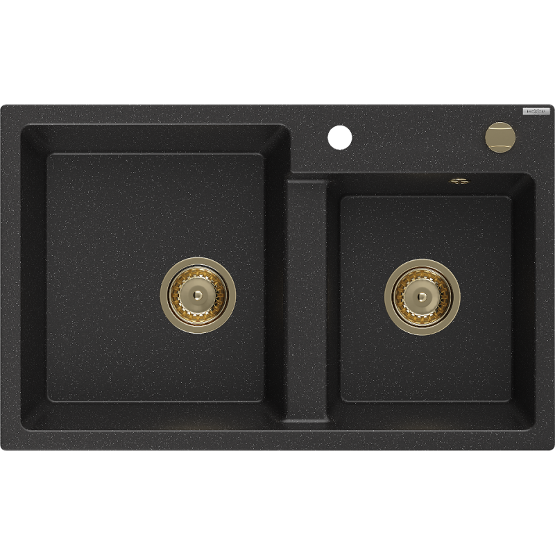 Mexen Tomas chiuvetă din granit cu 2 compartimente 800 x 500 mm, negru/argintiu metalic, sifon auriu - 6516802000-73-G