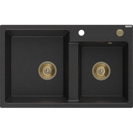 Mexen Tomas chiuvetă din granit cu 2 compartimente 800 x 500 mm, negru/argintiu metalic, sifon auriu - 6516802000-73-G