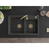 Mexen Tomas 2-medencés gránit mosogató 800 x 500 mm, Fekete foltos, szifon Arany - 6516802000-76-G