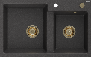 Mexen Tomas 2-medencés gránit mosogató 800 x 500 mm, Fekete foltos, szifon Arany - 6516802000-76-G