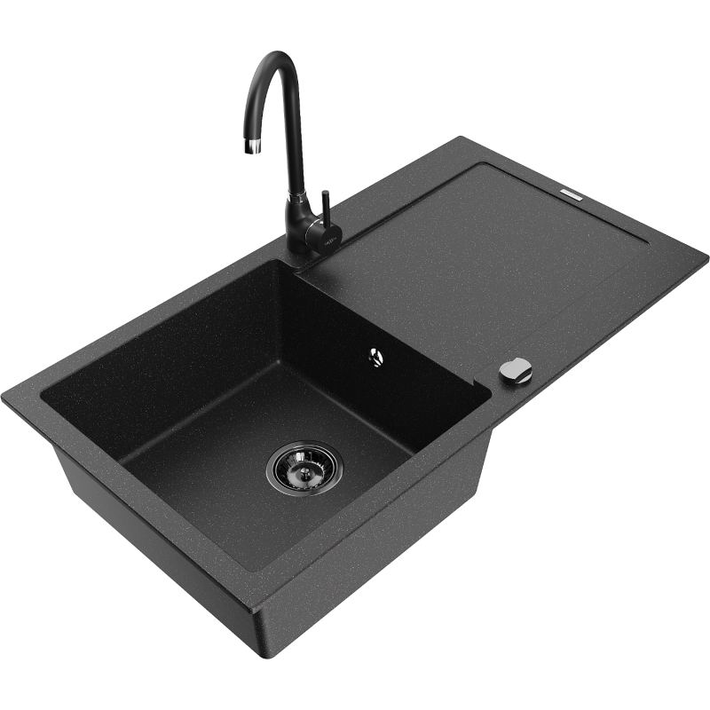 Chiuvetă din granit Mexen Leo cu o cuvă și scurgător și baterie de bucătărie Telma, negru/metal argintiu - 6501-73-670200-70-B