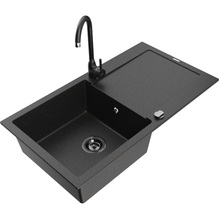 Chiuvetă din granit Mexen Leo cu o cuvă și scurgător și baterie de bucătărie Telma, negru/metal argintiu - 6501-73-670200-70-B