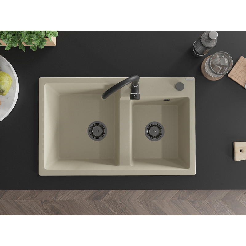 Mexen Tomas chiuvetă granitică cu 2 compartimente 800 x 500 mm, bej, sifon negru - 6516802000-69-B