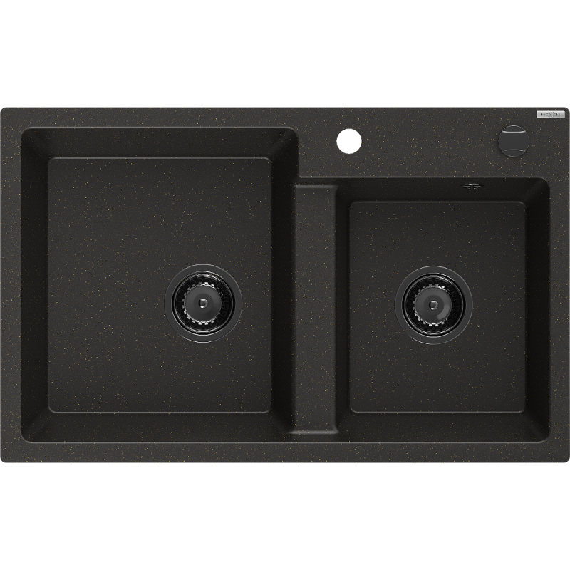 Mexen Tomas chiuvetă din granit cu 2 compartimente 800 x 500 mm, negru/auriu metalic, sifon negru - 6516802000-75-B