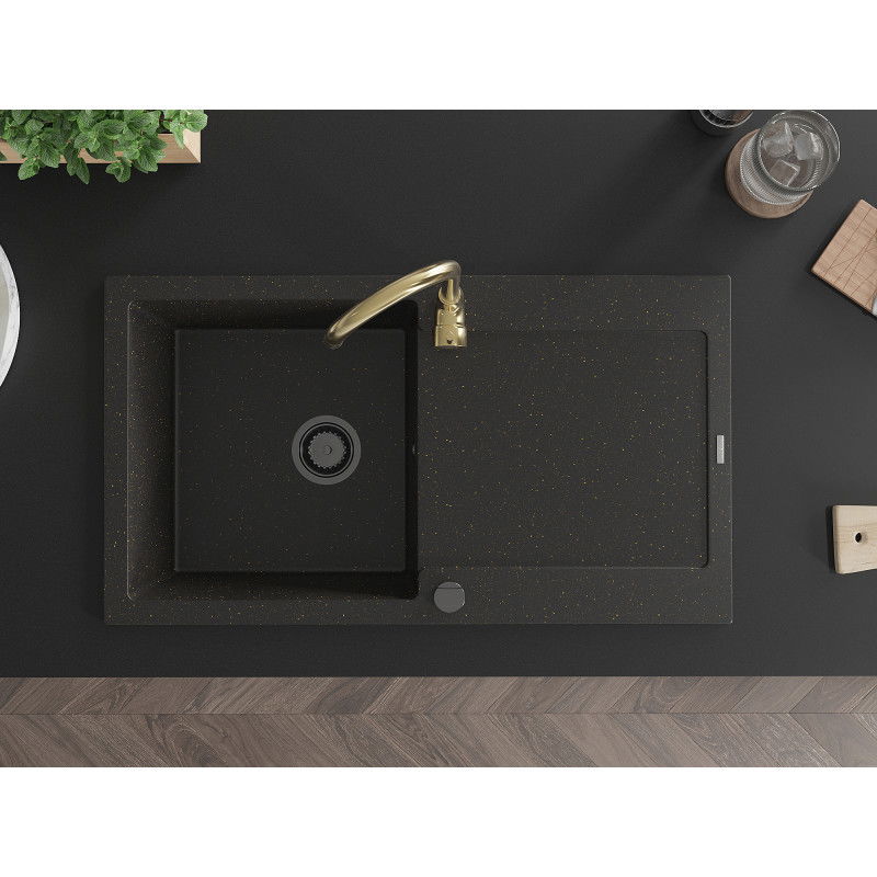 Mexen Leo chiuvetă de granit cu o singură cuvă cu scurgător și baterie de bucătărie Telma, negru/auriu metalizat