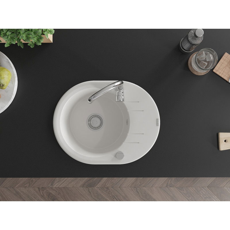 Mexen Kevin chiuvetă granitică cu 1 compartiment cu scurgător 586 x 458 mm, alb, sifon crom - 6517581005-20