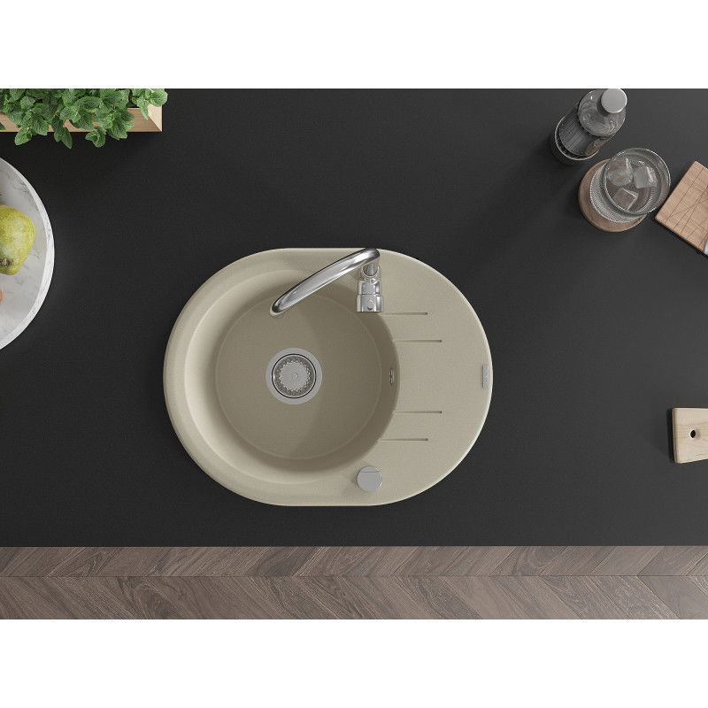 Mexen Kevin chiuvetă de granit cu 1 cuvă și scurgător 586 x 458 mm, bej, sifon crom - 6517581005-69