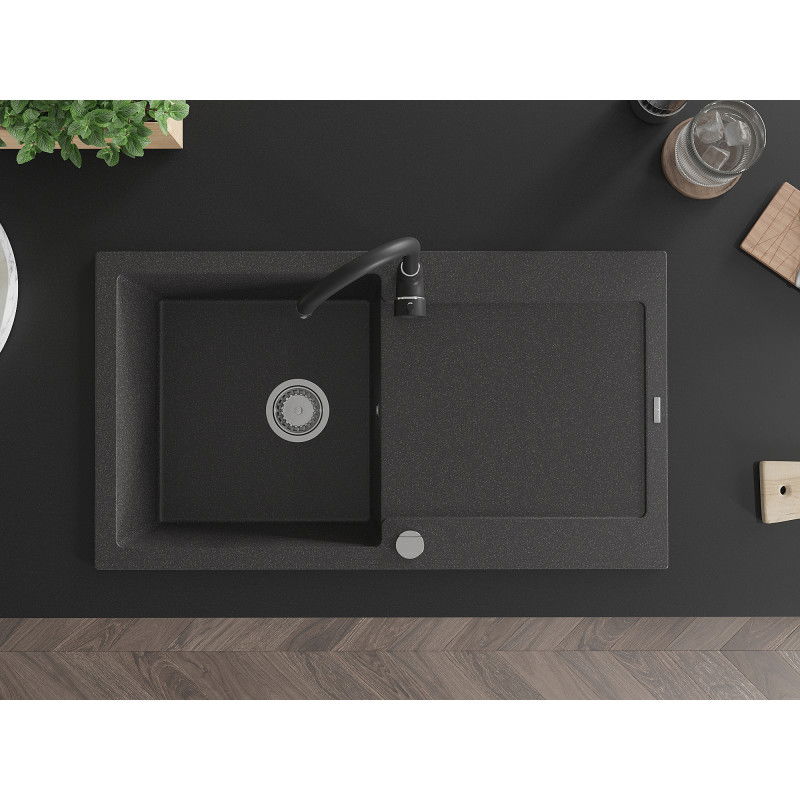 Mexen Leo chiuvetă de granit cu 1 cuvă cu scurgător și baterie de bucătărie Telma, negru cu picățele - 6501-76-670200-70