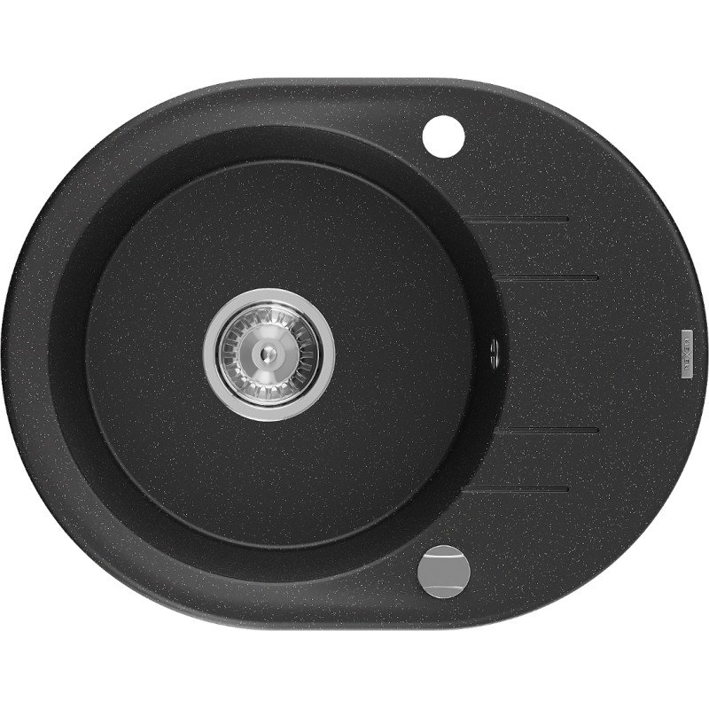 Mexen Kevin chiuvetă de granit cu 1 cuvă și scurgător 586 x 458 mm, negru/argintiu metalic, sifon cromat - 6517581005-73