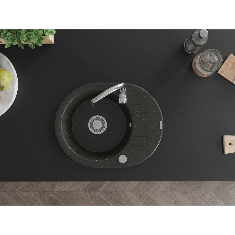 Mexen Kevin chiuvetă din granit cu 1 compartiment și scurgător 586 x 458 mm, negru/auriu metalic, sifon crom - 6517581005-75