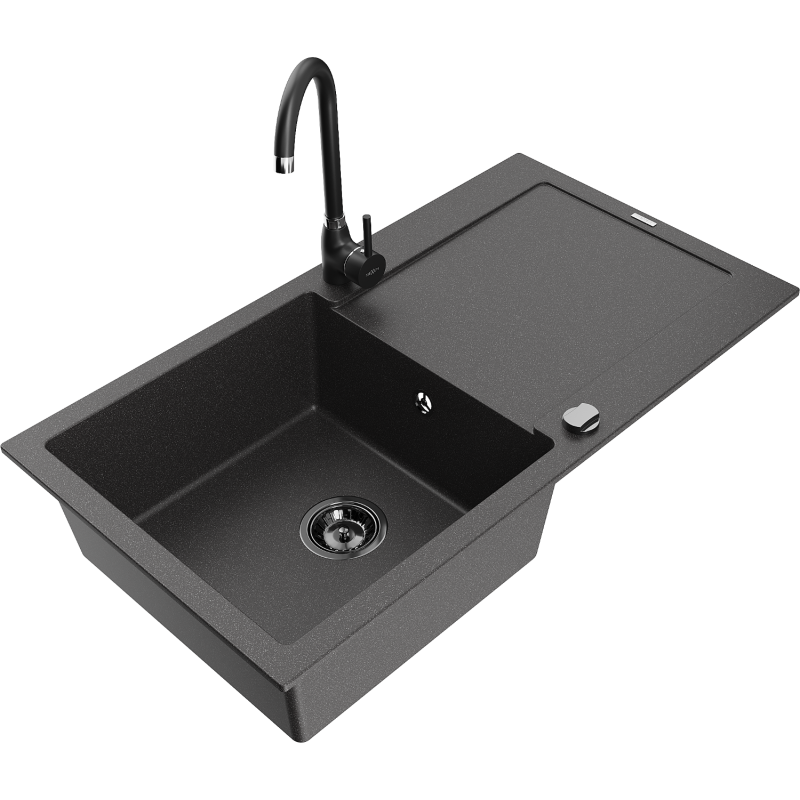 Mexen Leo chiuvetă de granit cu 1 compartiment, cu scurgător și baterie de bucătărie Telma, negru cu pete - 6501-76-670200-70-B