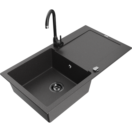 Mexen Leo chiuvetă de granit cu 1 compartiment, cu scurgător și baterie de bucătărie Telma, negru cu pete - 6501-76-670200-70-B