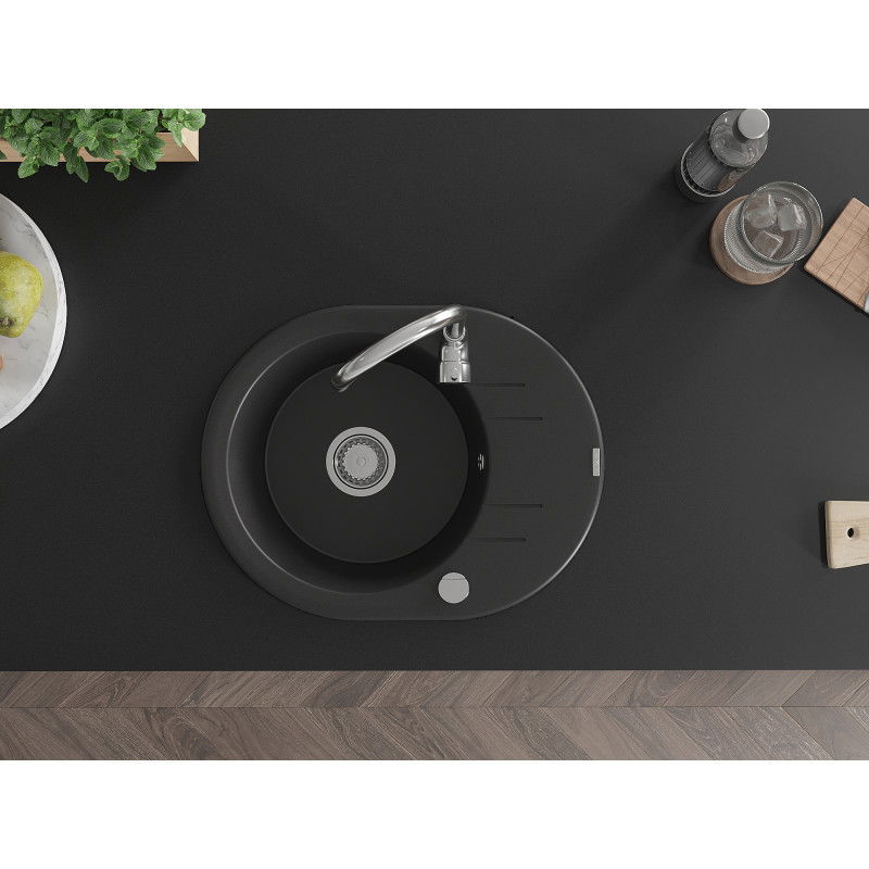 Mexen Kevin chiuvetă de granit cu 1 cuvă cu scurgător 586 x 458 mm, negru, sifon crom - 6517581005-77