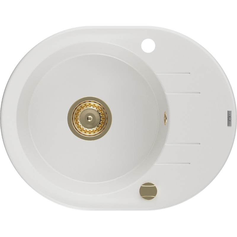 Mexen Kevin 1-medencés gránit mosogató csepegtetővel 586 x 458 mm, fehér, arany szifonnal - 6517581005-20-G