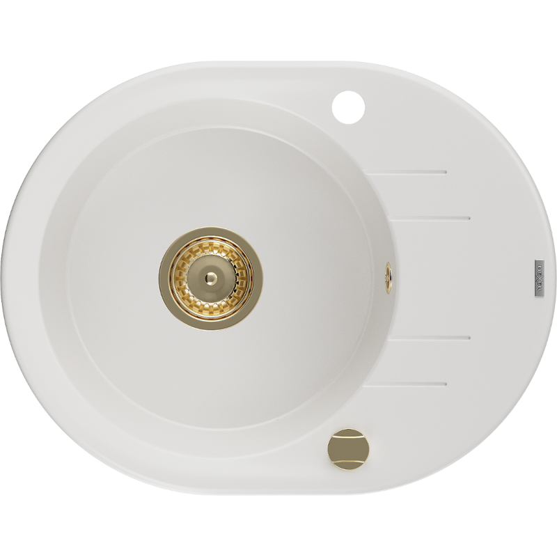 Mexen Kevin chiuvetă de granit cu o cuvă și scurgător 586 x 458 mm, alb, sifon auriu - 6517581005-20-G
