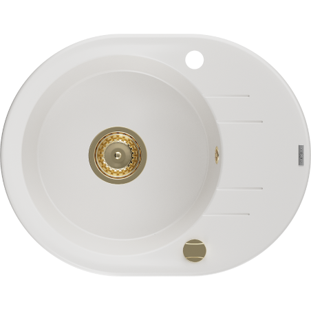 Mexen Kevin chiuvetă de granit cu o cuvă și scurgător 586 x 458 mm, alb, sifon auriu - 6517581005-20-G