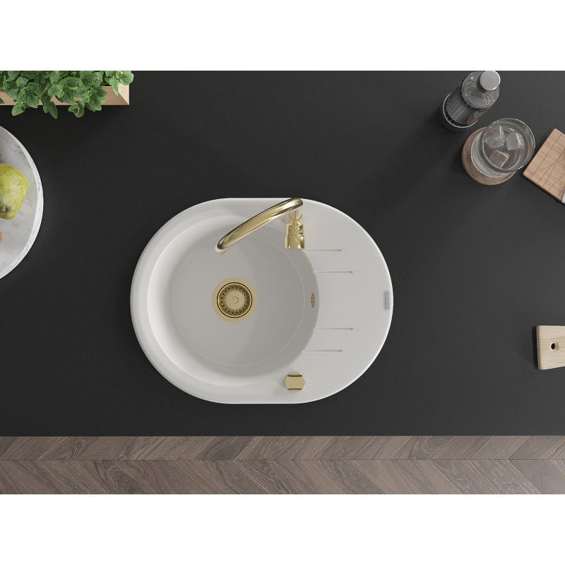 Mexen Kevin chiuvetă de granit cu o cuvă și scurgător 586 x 458 mm, alb, sifon auriu - 6517581005-20-G