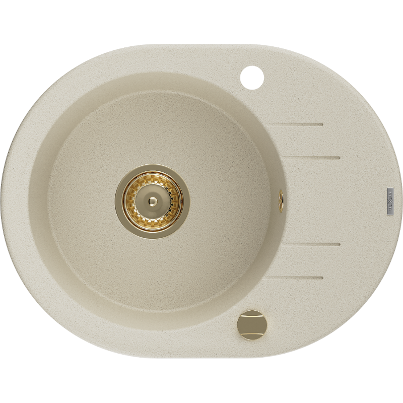 Mexen Kevin chiuvetă din granit cu 1 compartiment și scurgător 586 x 458 mm, bej, sifon auriu - 6517581005-69-G