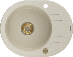 Mexen Kevin chiuvetă din granit cu 1 compartiment și scurgător 586 x 458 mm, bej, sifon auriu - 6517581005-69-G