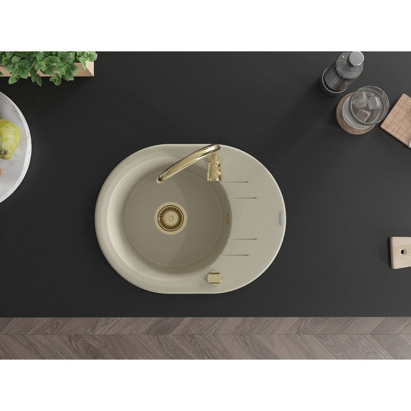 Mexen Kevin chiuvetă din granit cu 1 compartiment și scurgător 586 x 458 mm, bej, sifon auriu - 6517581005-69-G