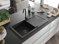 Mexen Leo chiuvetă de bucătărie din granit cu 1 cuvă și scurgător și baterie Telma, negru - 6501-77-670200-70-B
