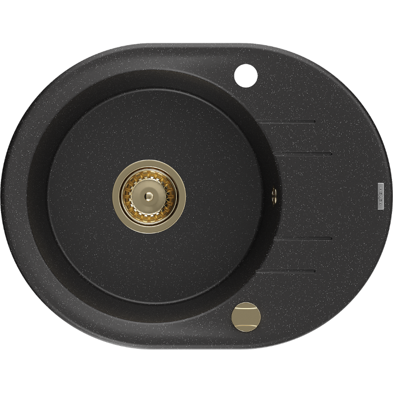 Mexen Kevin chiuvetă de granit cu 1 compartiment și picurător 586 x 458 mm, negru/metalic argintiu, sifon auriu