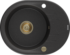 Mexen Kevin chiuvetă de granit cu 1 compartiment și picurător 586 x 458 mm, negru/metalic argintiu, sifon auriu