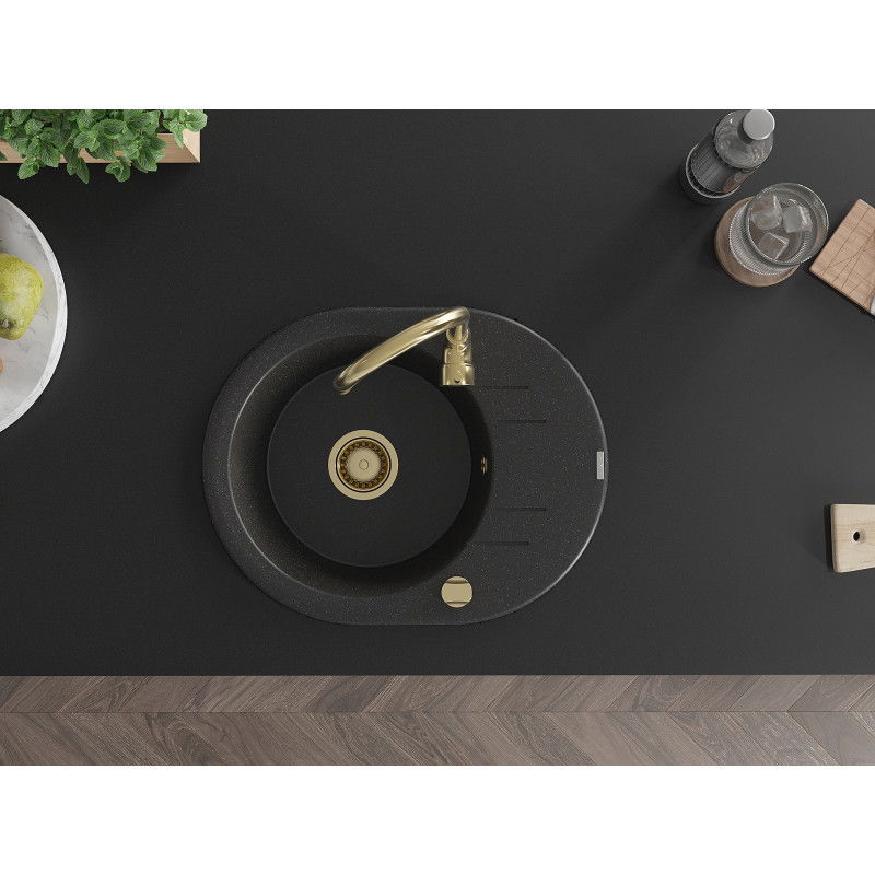 Mexen Kevin chiuvetă de granit cu 1 compartiment și picurător 586 x 458 mm, negru/metalic argintiu, sifon auriu