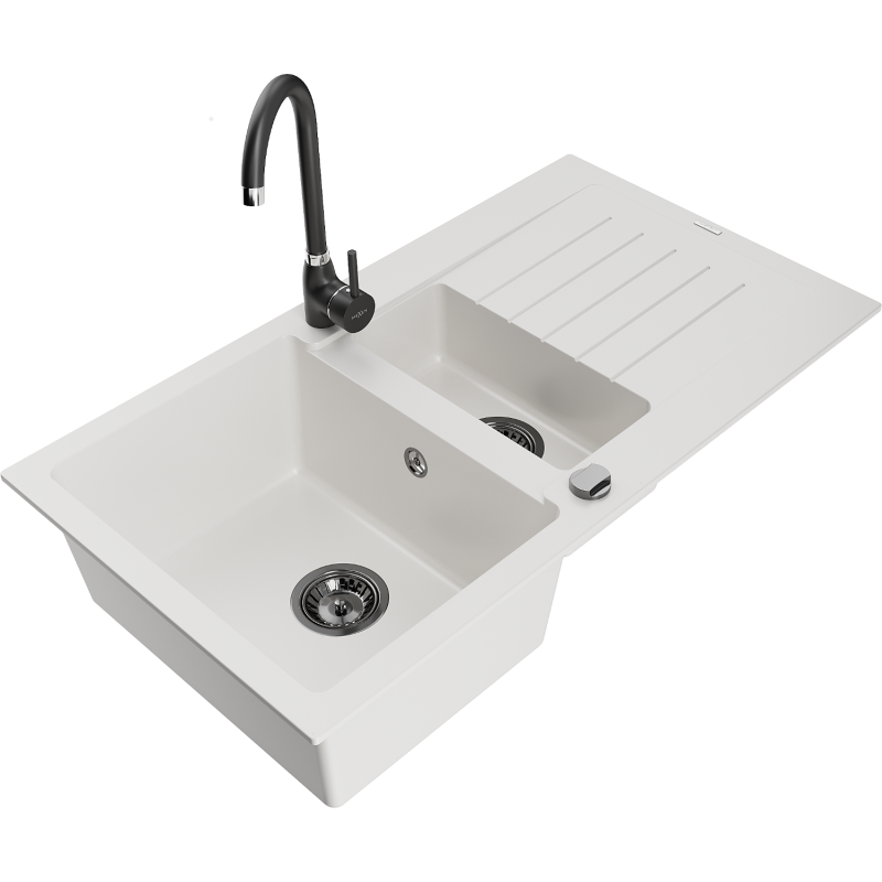 Mexen Matias chiuvetă de granit 1,5 bol cu scurgător și baterie de bucătărie Telma, albă - 6502-20-670200-70