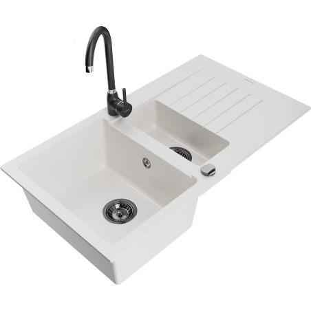 Mexen Matias chiuvetă de granit 1,5 bol cu scurgător și baterie de bucătărie Telma, albă - 6502-20-670200-70