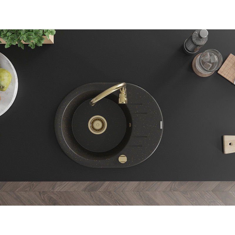 Mexen Kevin chiuvetă granitică cu 1 compartiment cu scurgător 586 x 458 mm, negru/auriu metalic, sifon auriu - 6517581005-75-G