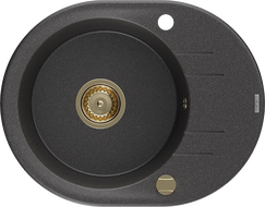 Mexen Kevin egymedencés gránit mosogató csepegtetővel 586 x 458 mm, fekete pettyes, arany szifonnal - 6517581005-76-G