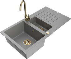 Mexen Matias chiuvetă din granit cu 1,5 cuve cu scurgător și baterie de bucătărie Telma, gri - 6502-71-670200-50