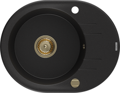 Mexen Kevin chiuvetă de bucătărie din granit cu 1 cuvă și scurgător 586 x 458 mm, negru, sifon auriu - 6517581005-77-G