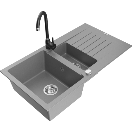 Mexen Matias chiuvetă de granit 1,5 camere cu scurgător și baterie de bucătărie Telma, gri - 6502-71-670200-70