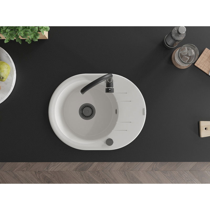 Mexen Kevin chiuvetă de bucătărie granitică 1-cameră cu scurgător 586 x 458 mm, alb, sifon negru - 6517581005-20-B