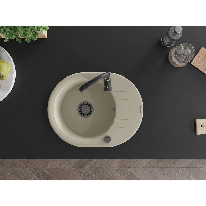 Mexen Kevin chiuvetă de bucătărie din granit cu 1 compartiment și scurgător 586 x 458 mm, bej, sifon negru - 6517581005-69-B