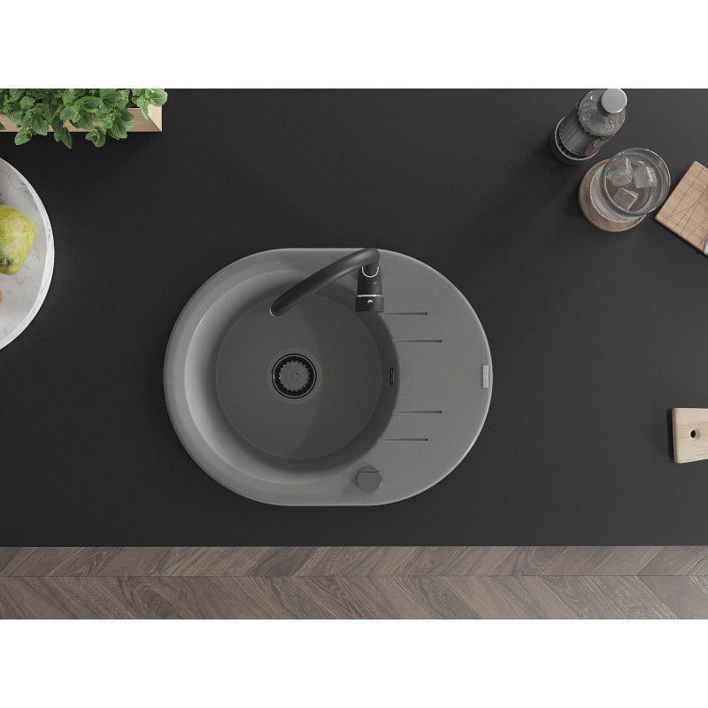 Mexen Kevin chiuvetă de granit cu 1 cuvă și scurgător 586 x 458 mm, gri, sifon negru - 6517581005-71-B